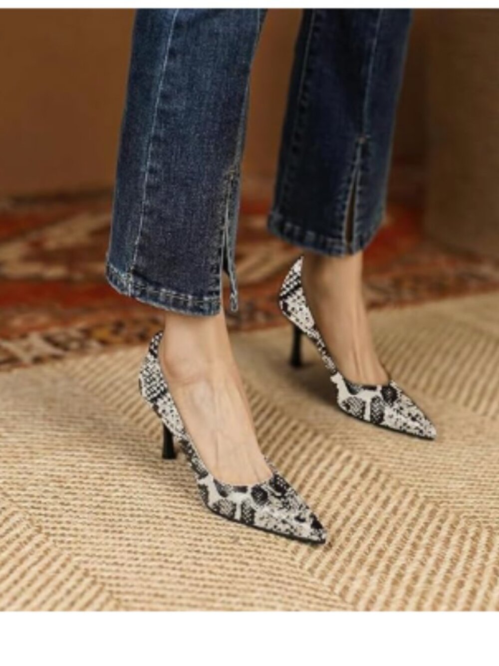 FOWT Snake Print Pointed Toe Pumps Women Dressy Slip on Thin High Heel Sexy Shoe